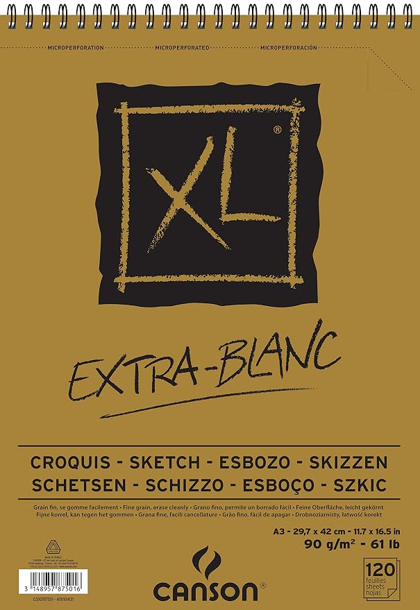 CANSON XL Extra Blanc Sketchbook, 90 g/m², 120 Sheets, A3, Top Spiral Binding