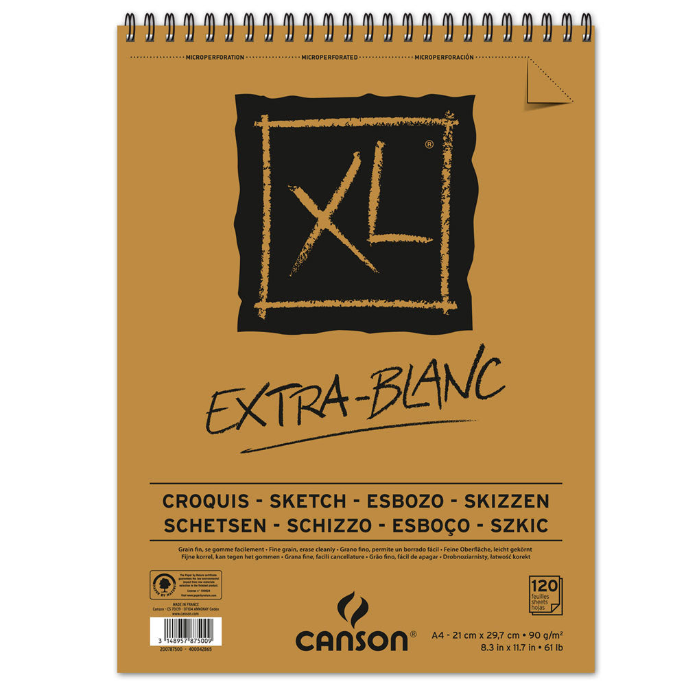 CANSON XL Extra Blanc Sketchbook, 90 g/m², 120 Sheets, A4, Top Spiral-Bound