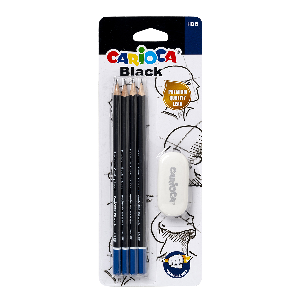 Carioca Black Triangular Graphite Pencil Set 2/HB with Eraser - 4 pcs