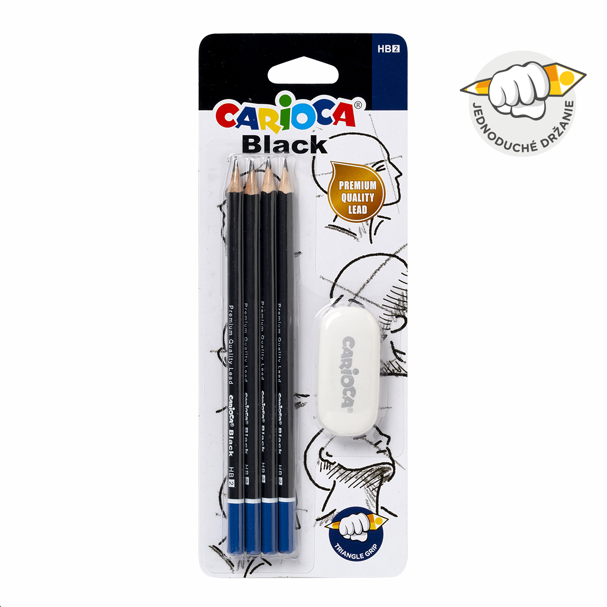 Carioca Black Triangular Graphite Pencil Set 2/HB with Eraser - 4 pcs