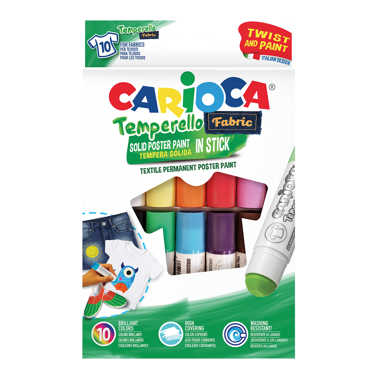 Carioca Tempera Paints for Fabric in Stick Form, Set of 10