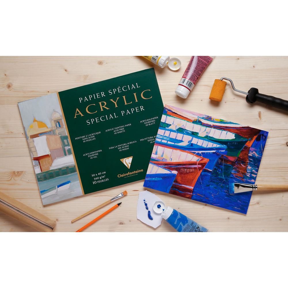 Clairefontaine Acrylic Pad, 360 g/m², 10 Sheets, 20 x 40 cm, Glued