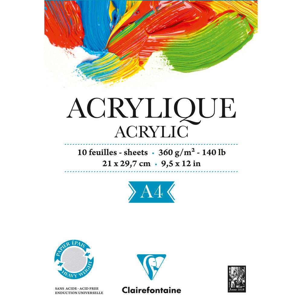 CLAIREFONTAINE Acrylic Pad, 360 g/m², 10 Sheets, A4, Glue-Bound