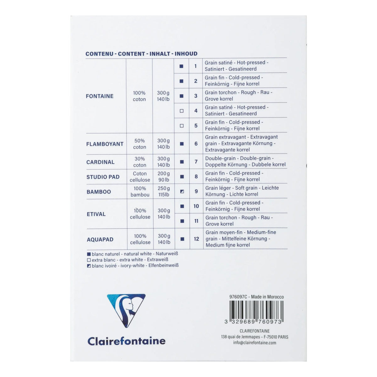 CLAIREFONTAINE Aqua Essentials Watercolour Pad 200 – 300 g/m² 10 – 24 cm - 12 sheets