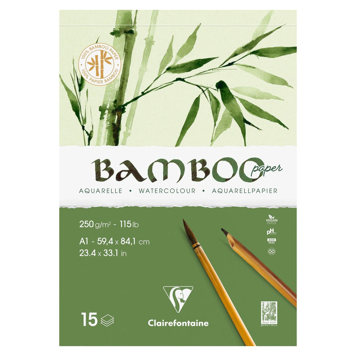 Clairefontaine Bamboo Watercolor Pad CP 250 g/m² A1, 15 Sheets