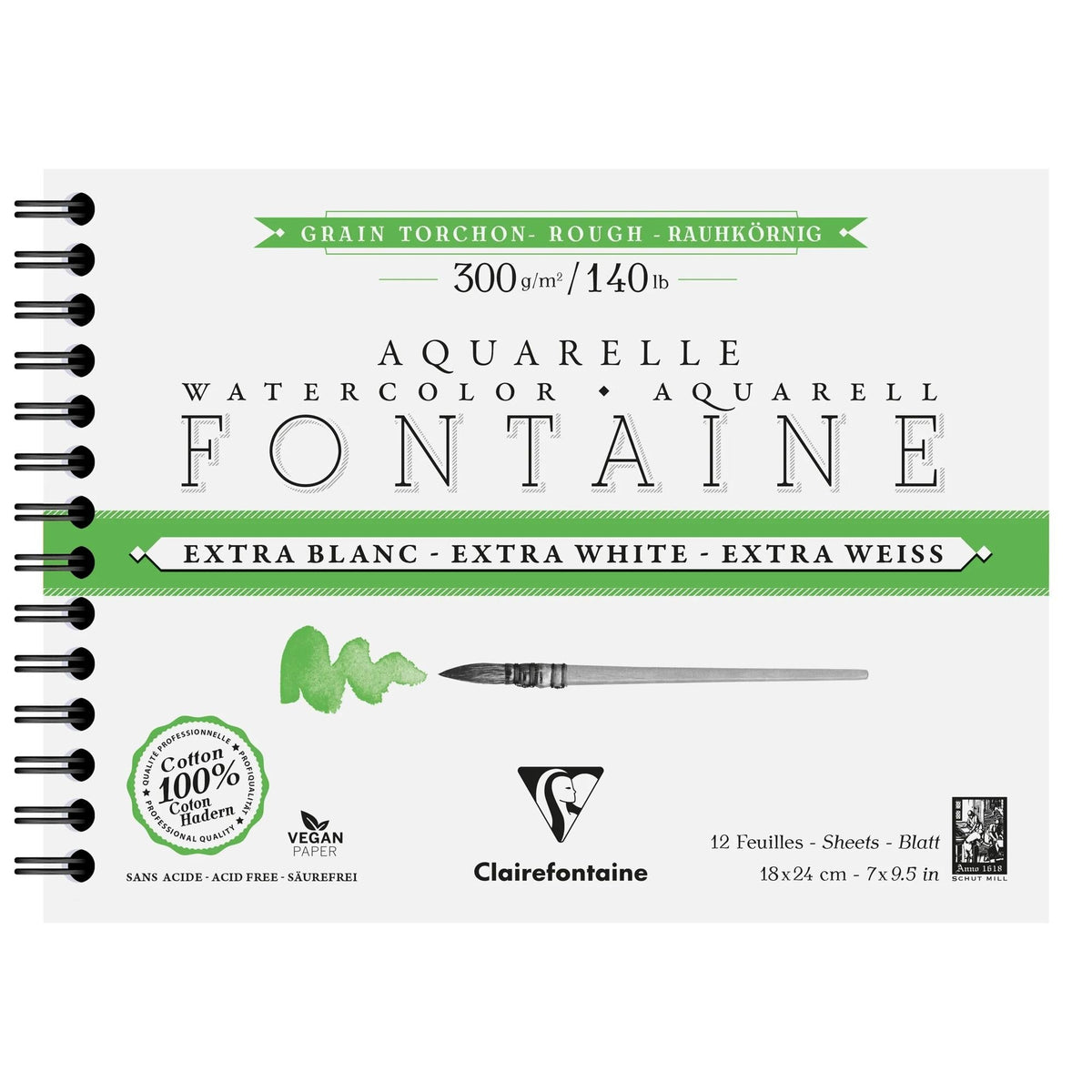 Clairefontaine Fontaine Extra-White Watercolor Pad, 300 g/m², 18 x 24 cm, 12 Sheets
