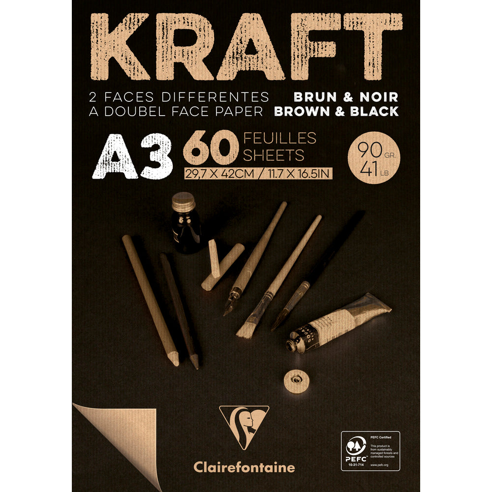 CLAIREFONTAINE Glued Kraft Paper Pad 120 g/m² – 90 g 60 sheets A3 Brown and Black