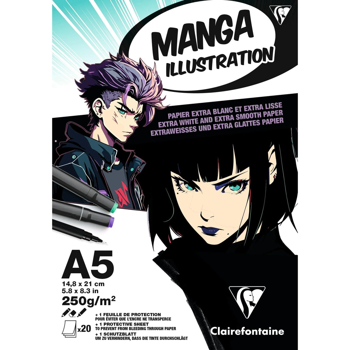 Clairefontaine Manga Illustration Paper Pad, 250 g/m², A5–A3, 20 Sheets
