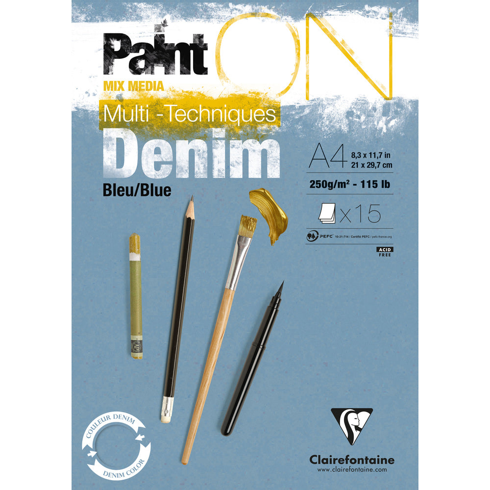 CLAIREFONTAINE Paint'On Mix Media Glued Pad 250 g – 15L A4 Denim Blue