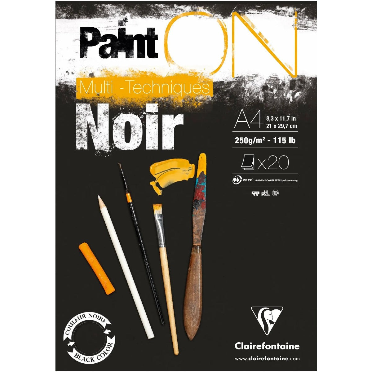 Clairefontaine Paint'On Mix Media Pad, 250 g, 20 Sheets, Glued, Black