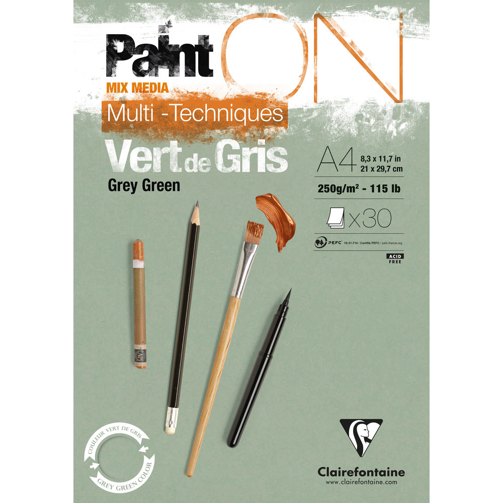 Clairefontaine Paint'On Mix Media Pad, 250 g, Glue-Bound – 30L A4 Gray-Green