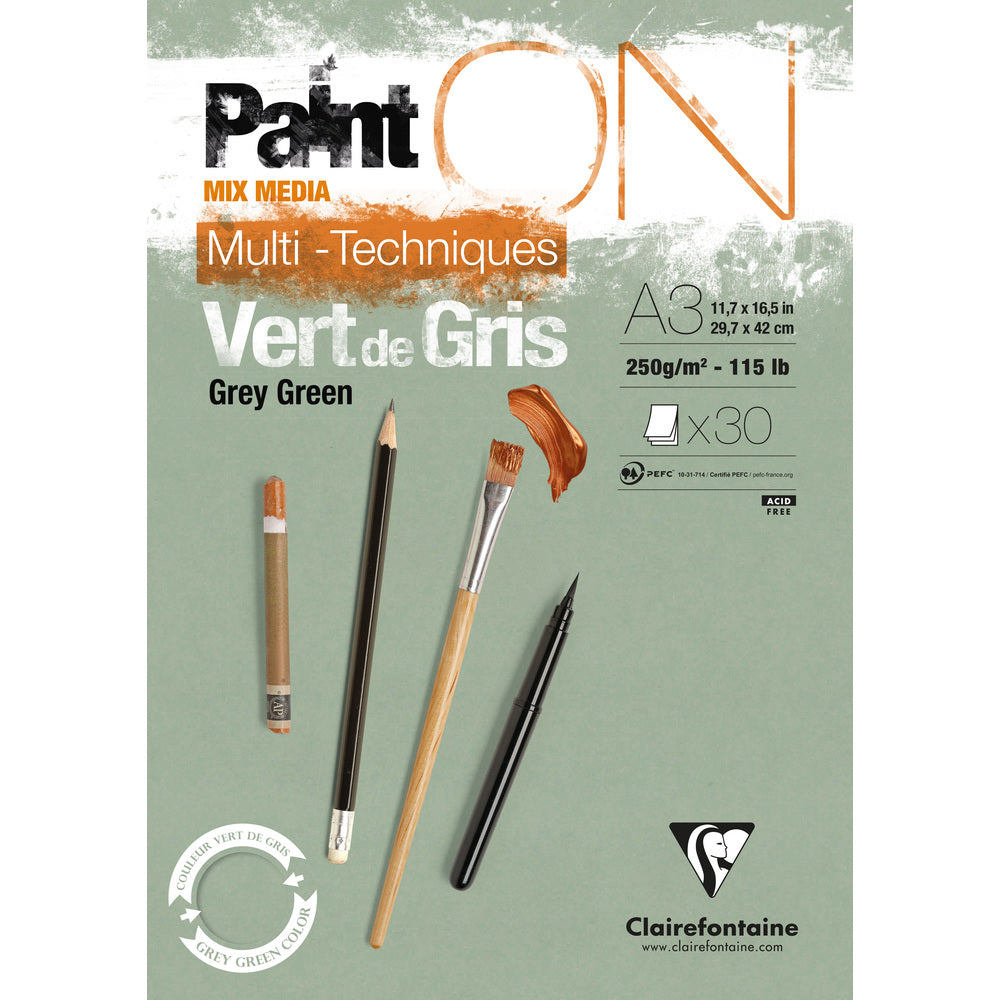Clairefontaine Paint'On Mix Media Pad, 250 g, Glue-Bound – 30L A3 Gray-Green