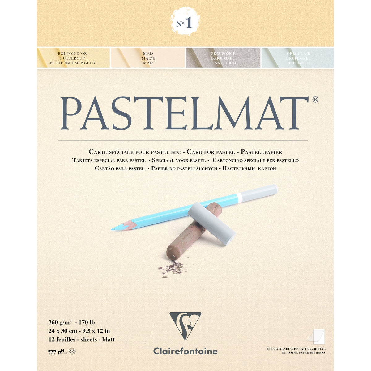 Clairefontaine Pastelmat Pad No. 1, 360 g/m², 12 Sheets, 30 cm, Glued – 24