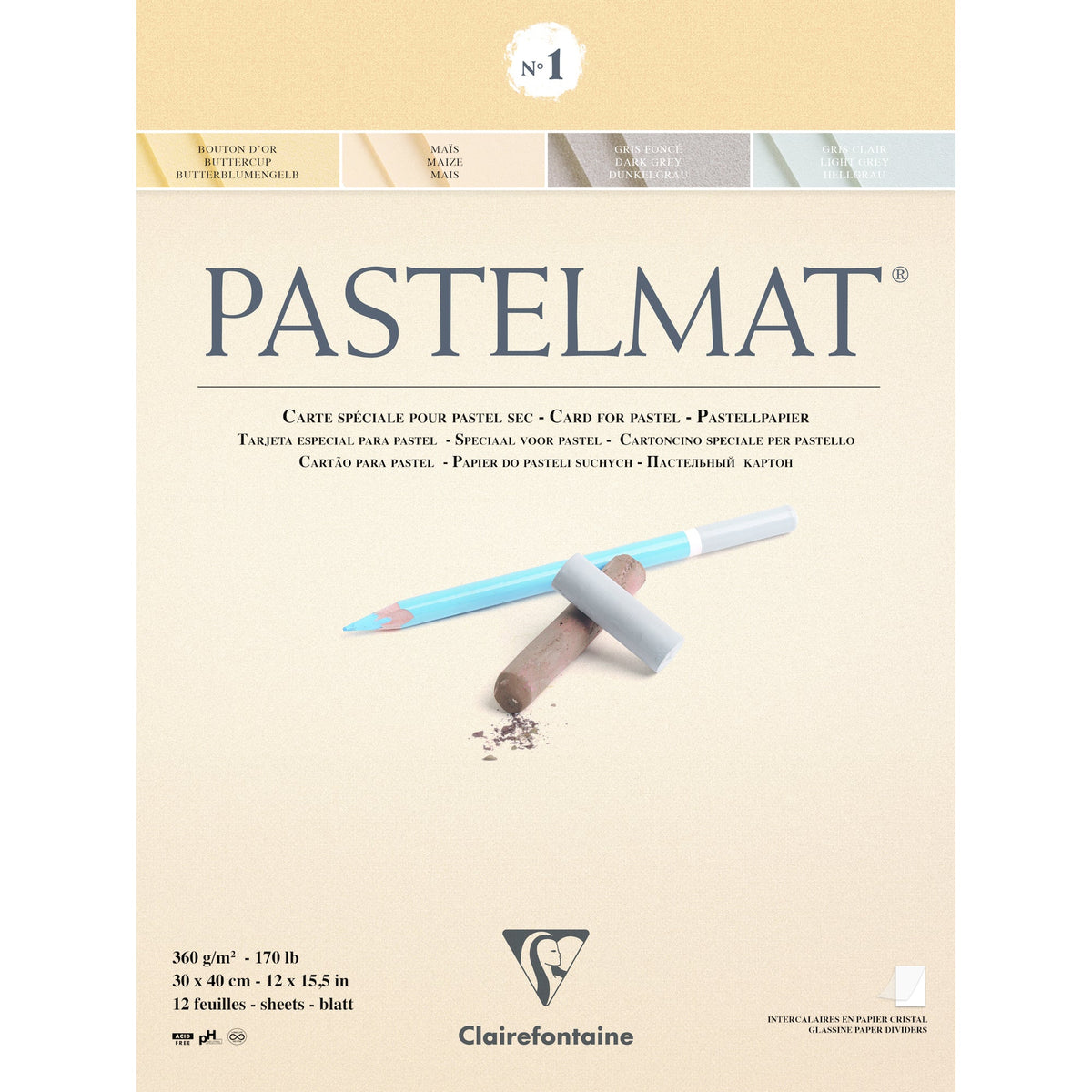 CLAIREFONTAINE Pastelmat Pad No. 1 360 gsm - 12 Sheets, 30 cm – 40