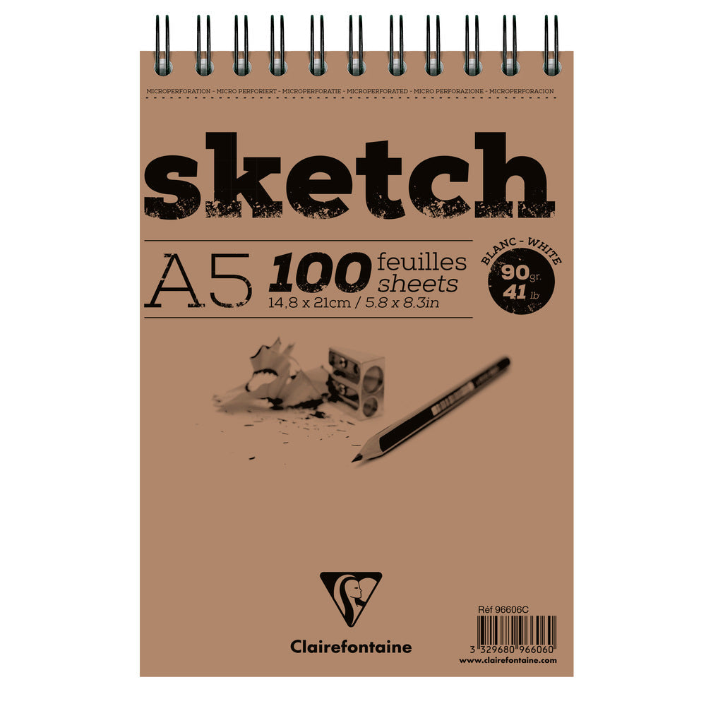 Clairefontaine Spiral Sketch Pad, 100 Sheets, A4/A3, White – A5
