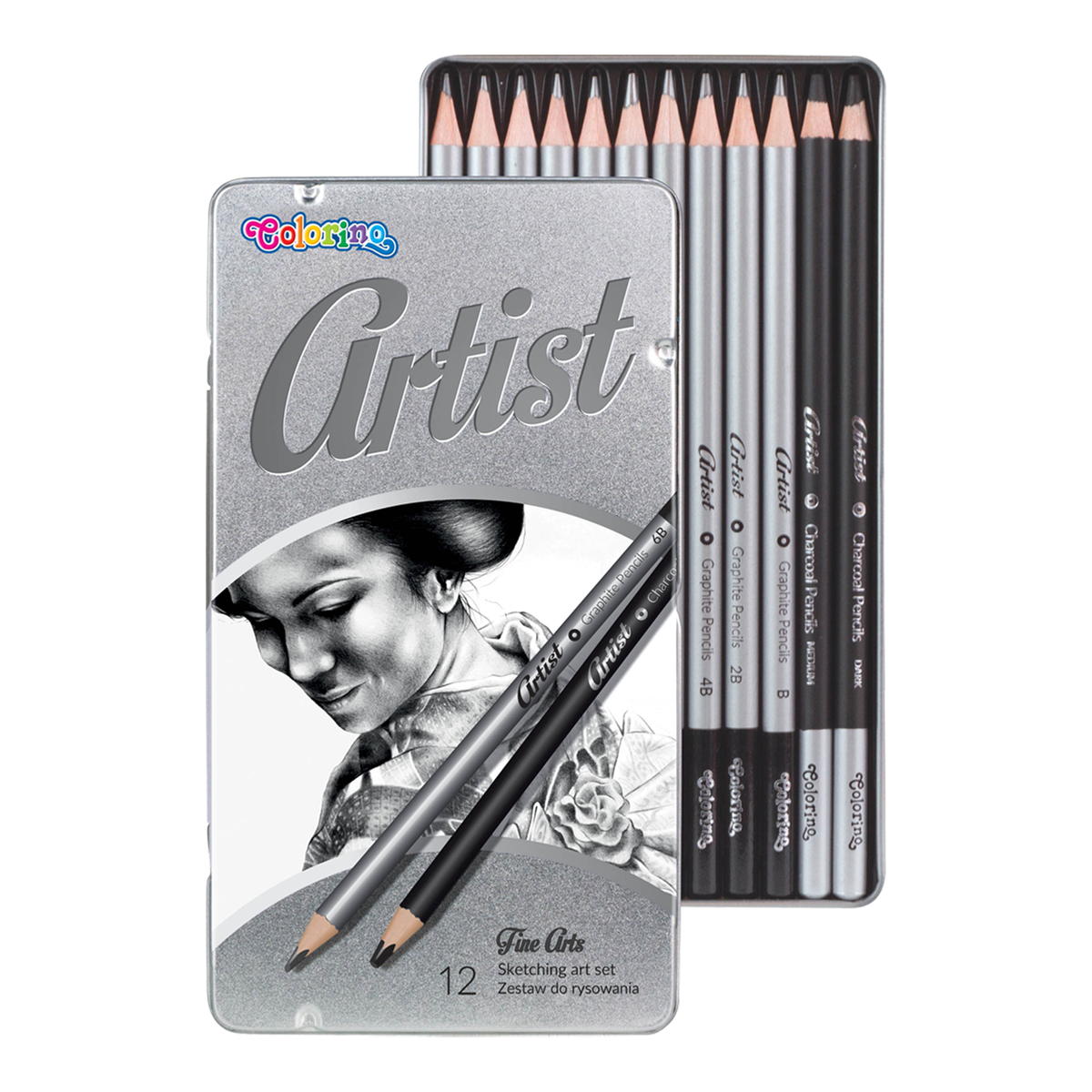 Colorino Artist Drawing Set of Graphite Pencils and Charcoals in Metal Box - 10 pcs
