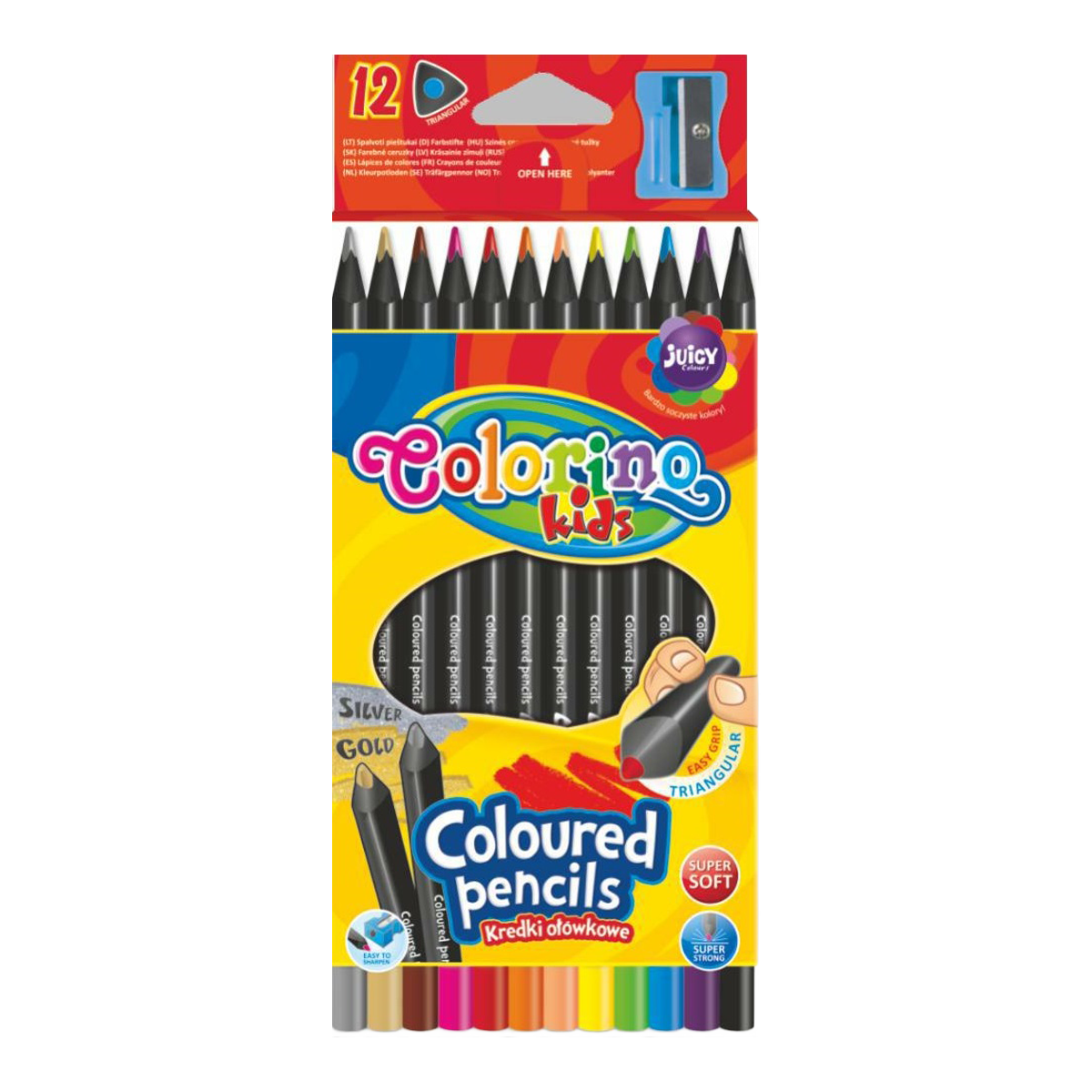 Colorino Triangular Colored Pencils in Black Wood with Sharpener - 12 Colors
