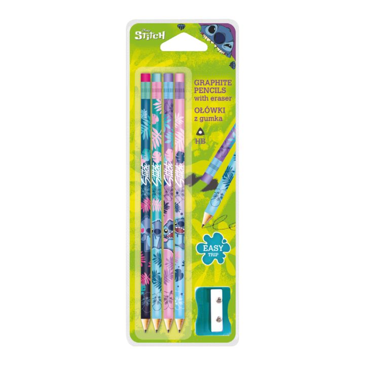 Disney Stitch Triangular Pencil Set with Sharpener, Set of 4