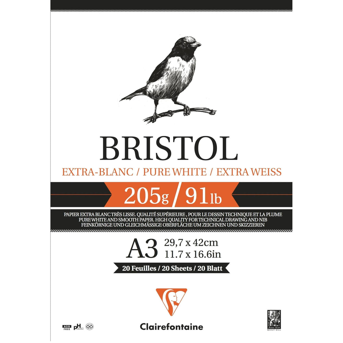 Drawing Pad CLAIREFONTAINE Bristol 205 g/m² A4 – A3 - 20 sheets