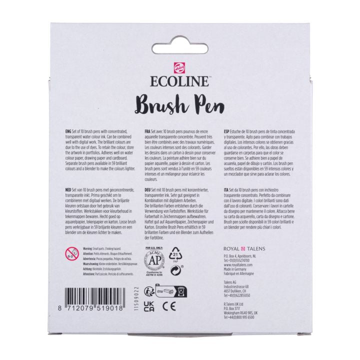 Ecoline Brush Pen Watercolor Pens, Basic Shades, Set of 10