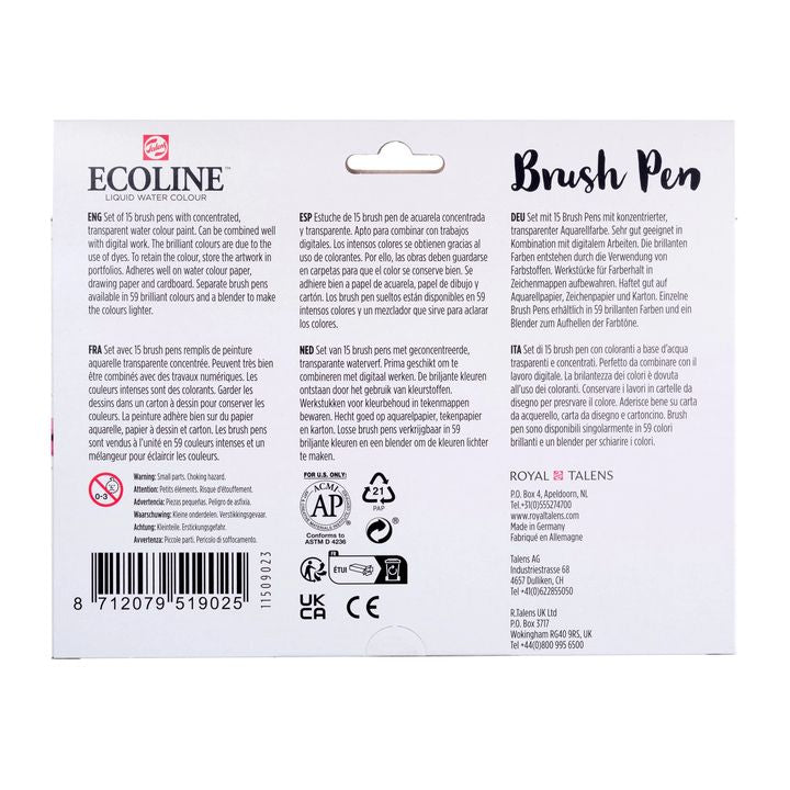 Ecoline Brush Pen Watercolor Pens, Set of 15
