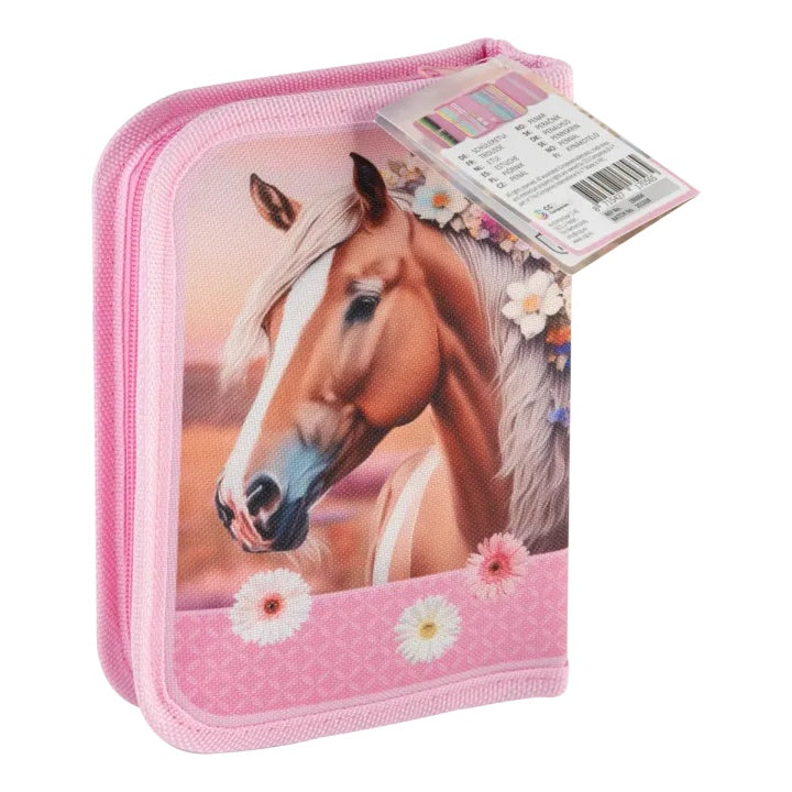 Filled Pencil Case, 28 Pieces, Pink Horse Design