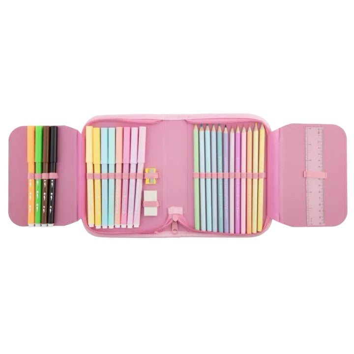 Filled Pencil Case, 28 Pieces, Pink Horse Design