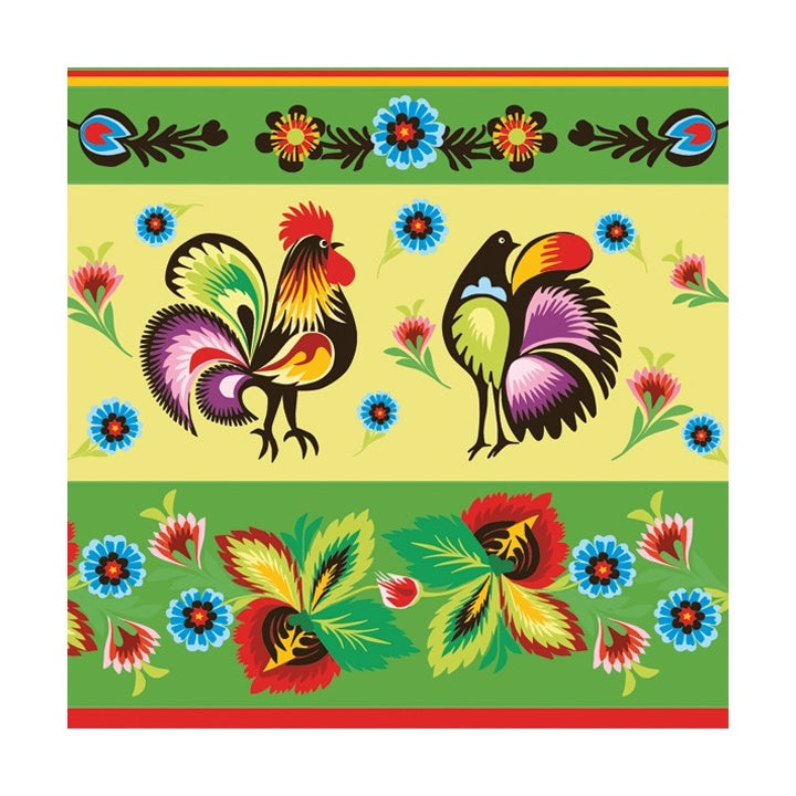 Folklore Roosters Green & Cream Eco Decoupage Napkins - 1 pc