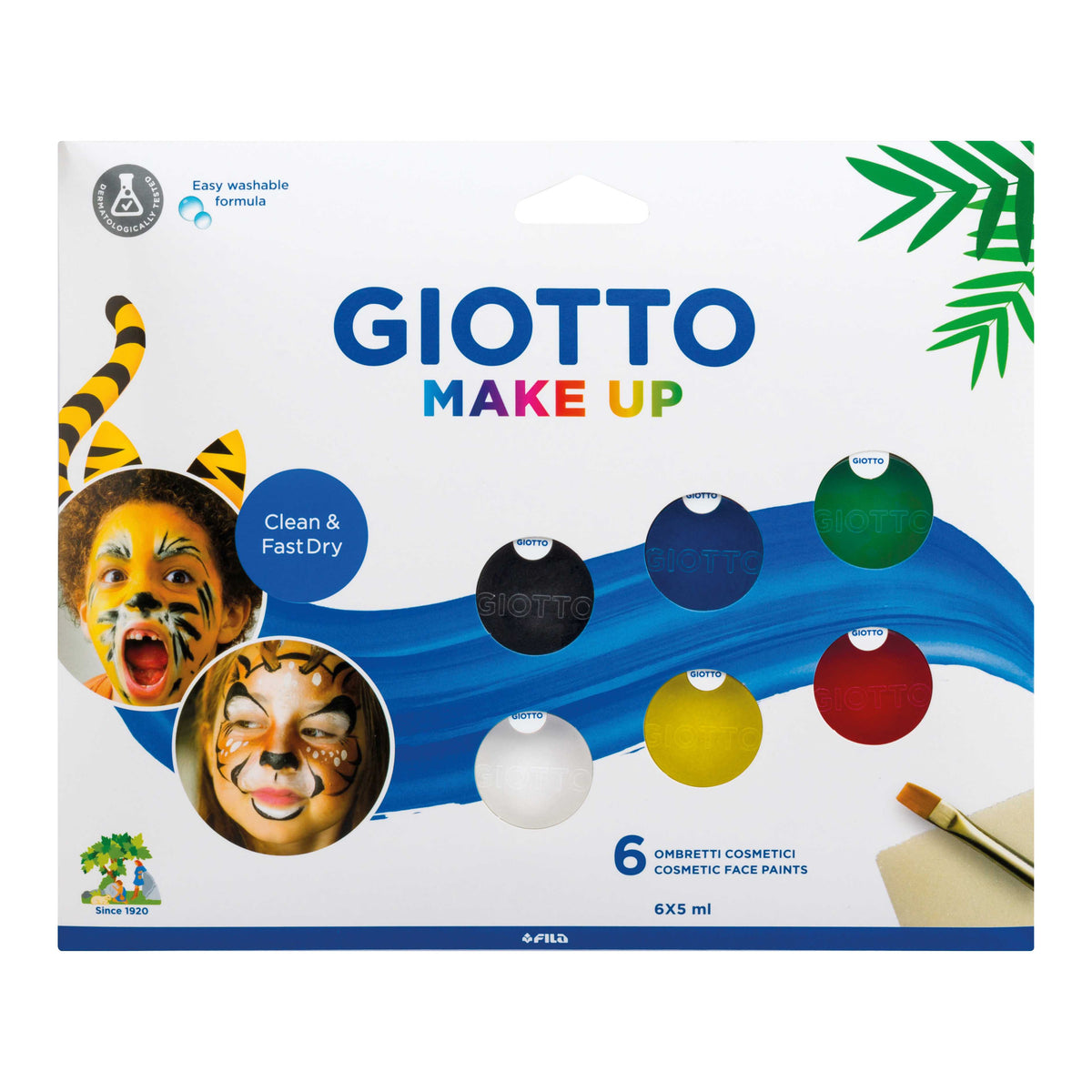 GIOTTO Make Up Face Paint Set, 6 x 5 ml, with Brush and Sponge