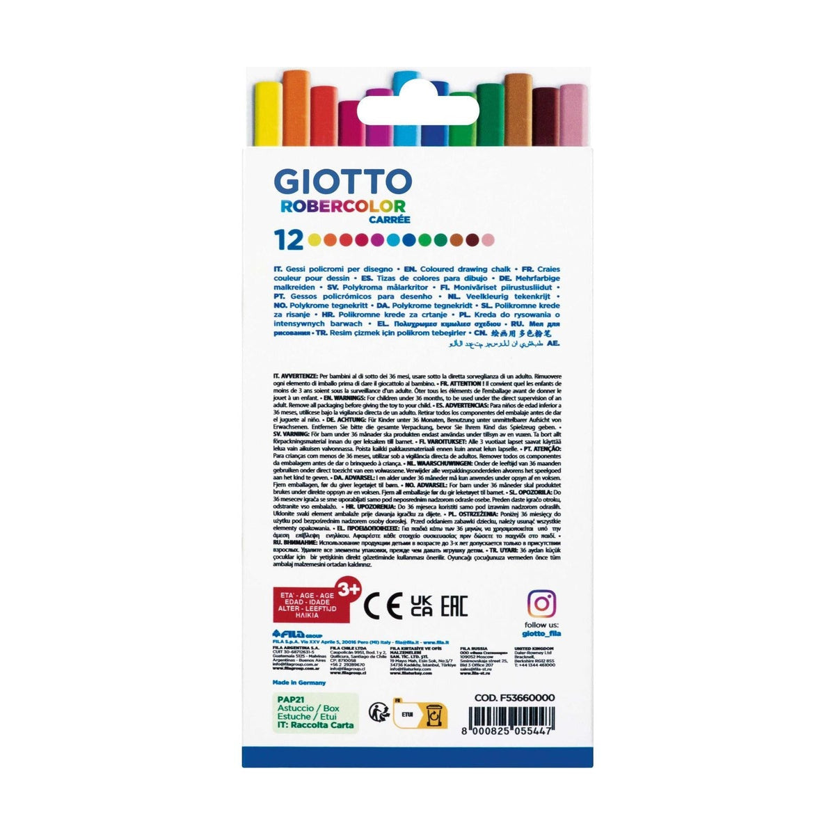 GIOTTO Robercolor Square Dustless Colored Chalk, Set of 12