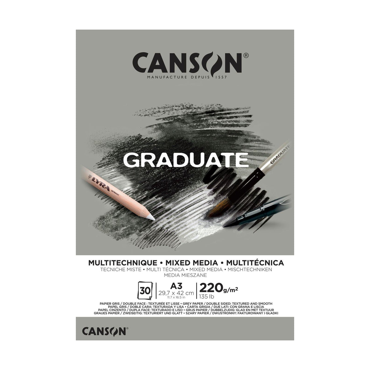 Glued Mix Media Pad CANSON Graduate Grey A3, 220 gsm, 30 Sheets