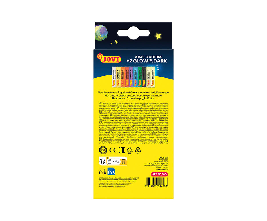 JOVI Glow Natural Modeling Clay 10 x 15 g – 8 Colors + 2 Glow in the Dark