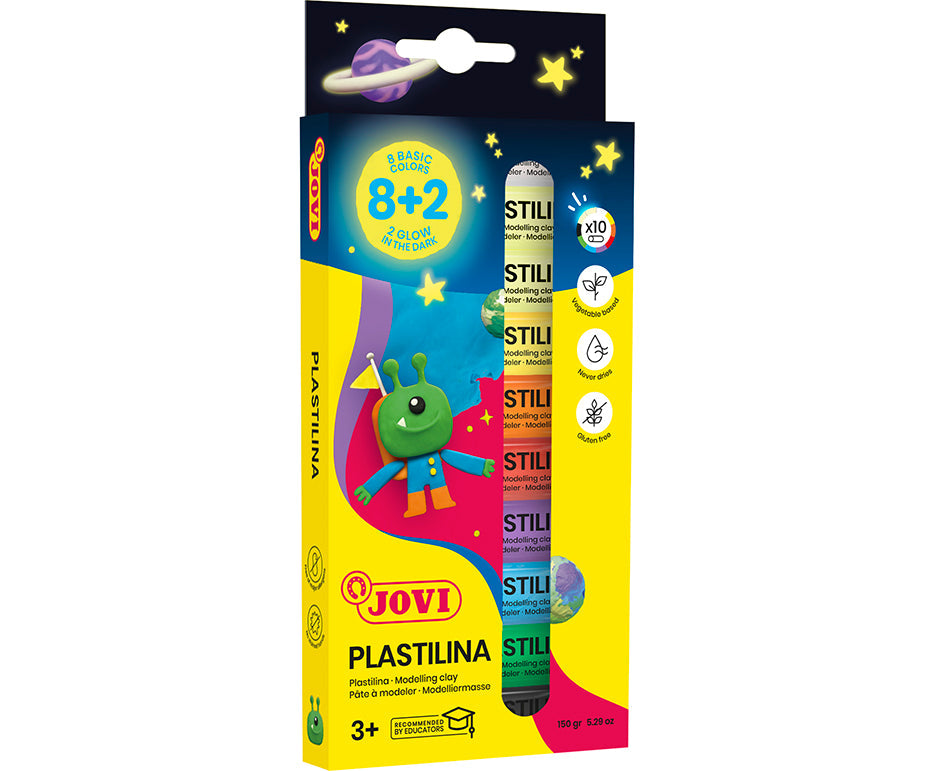 JOVI Glow Natural Modeling Clay 10 x 15 g – 8 Colors + 2 Glow in the Dark