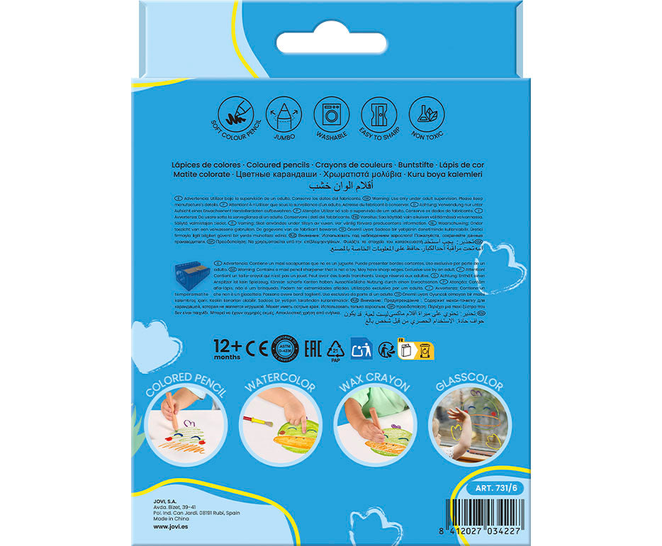 JOVI My First 4-in-1 Multi-Purpose Round Colored Pencils - Set of 6 with Sharpener