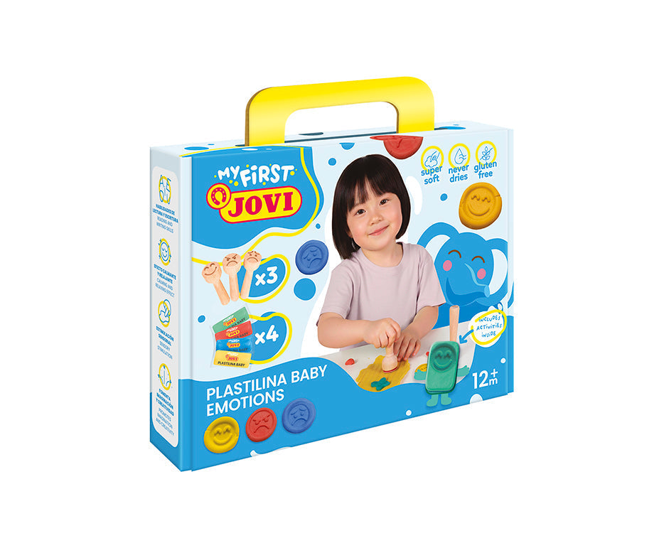 Jovi My First Soft Natural Modeling Clay, 4 x 38 g + 3 Wooden Emotions Stamps