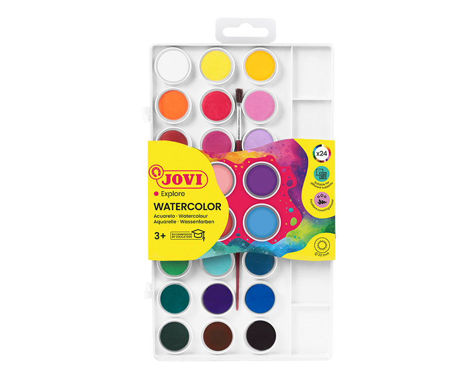 JOVI Watercolors, Set of 24, with Brush (22 mm Diameter)