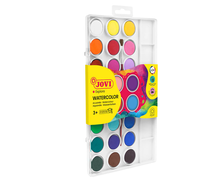 JOVI Watercolors, Set of 24, with Brush (22 mm Diameter)