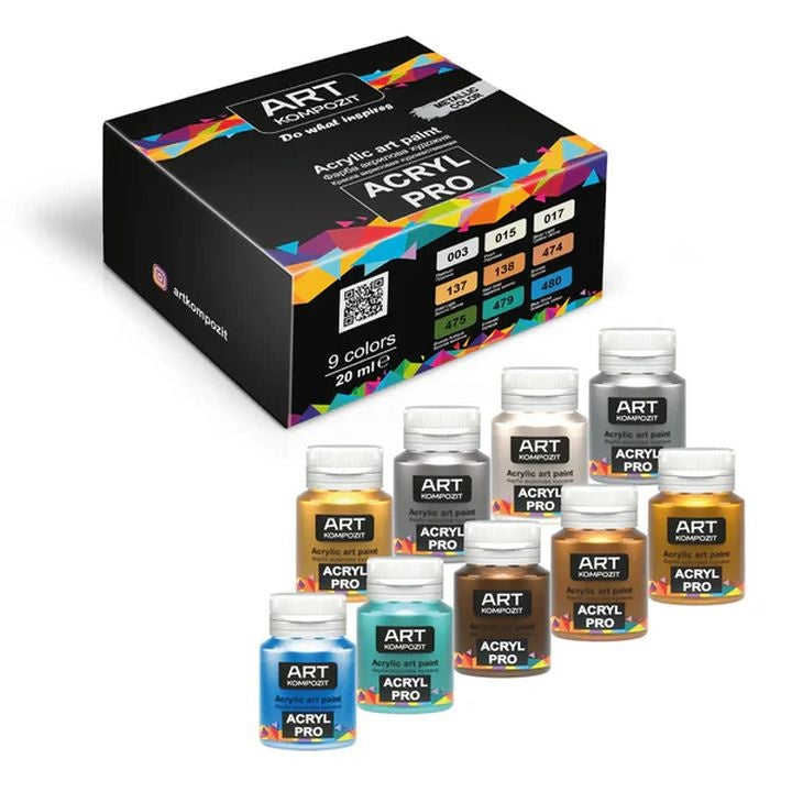 Комплект акрилни бои с металик ACRYL PRO Composite 9x20 ml — изображение 1