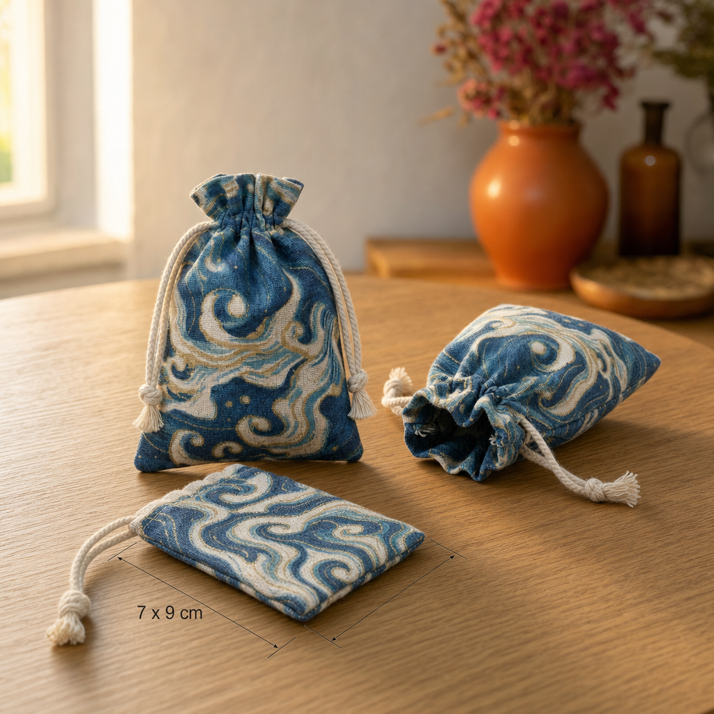 Linen Gift Pouch with Wave Motif 7 x 9 cm, Set of 3