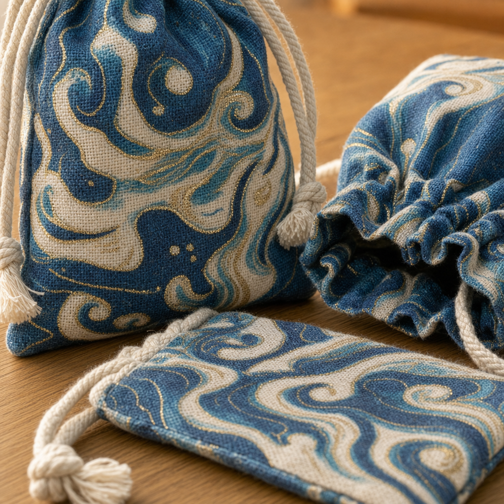 Linen Gift Pouch with Wave Motif 7 x 9 cm, Set of 3