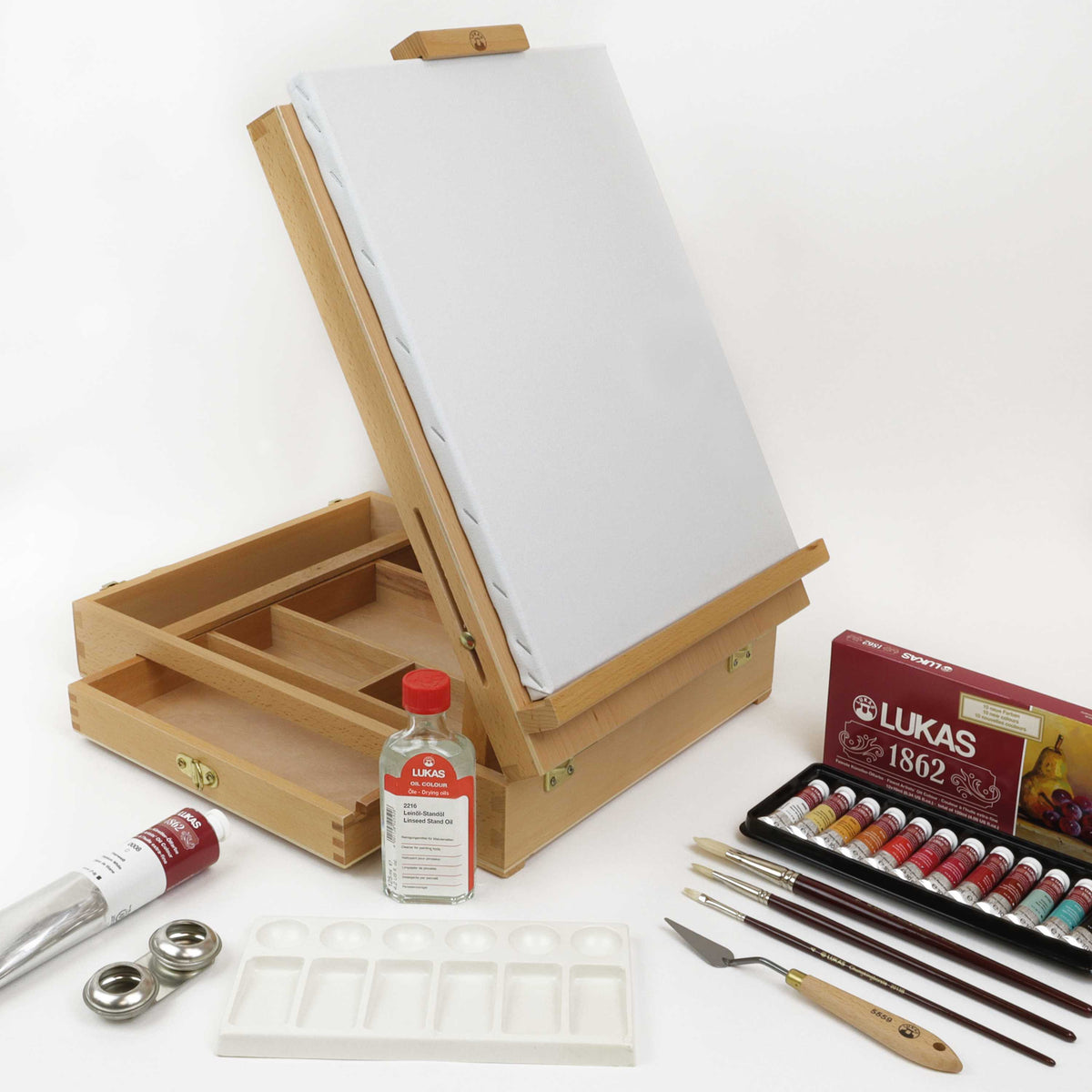 LUKAS 1862 Set of Oil Paints in Wooden Case, 12 x 10 ml, with Accessories