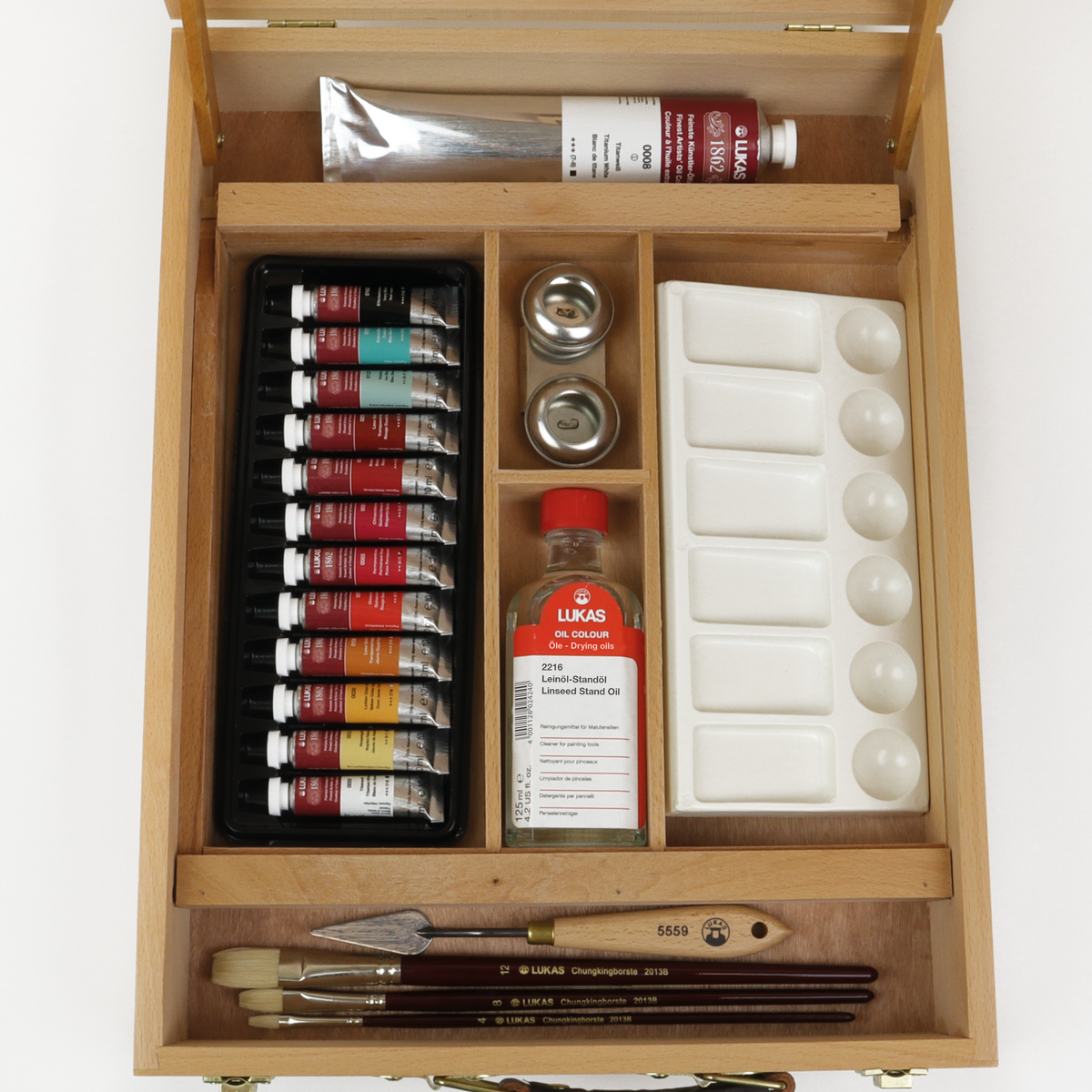 LUKAS 1862 Set of Oil Paints in Wooden Case, 12 x 10 ml, with Accessories