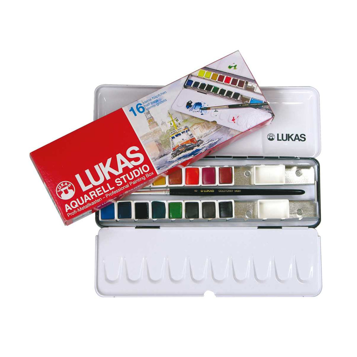 LUKAS Studio Watercolor Paint Set in Metal Tin – 16 Half Pans with Brush
