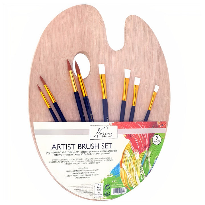 Nassau Fine Art Brush Set with Wooden Palette, Set of 9