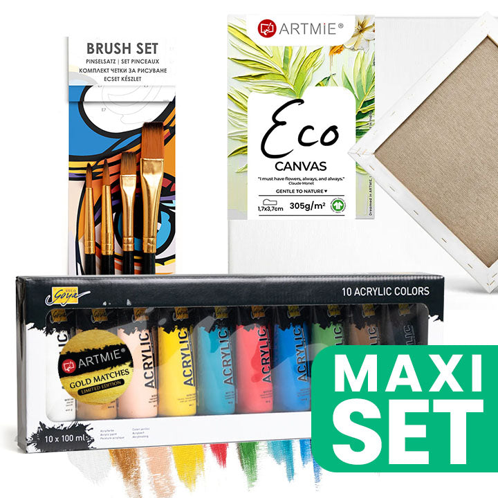 Painter's Starter Set with Acrylic Paint, Brushes, and Set of 3 20x30 cm Canvases