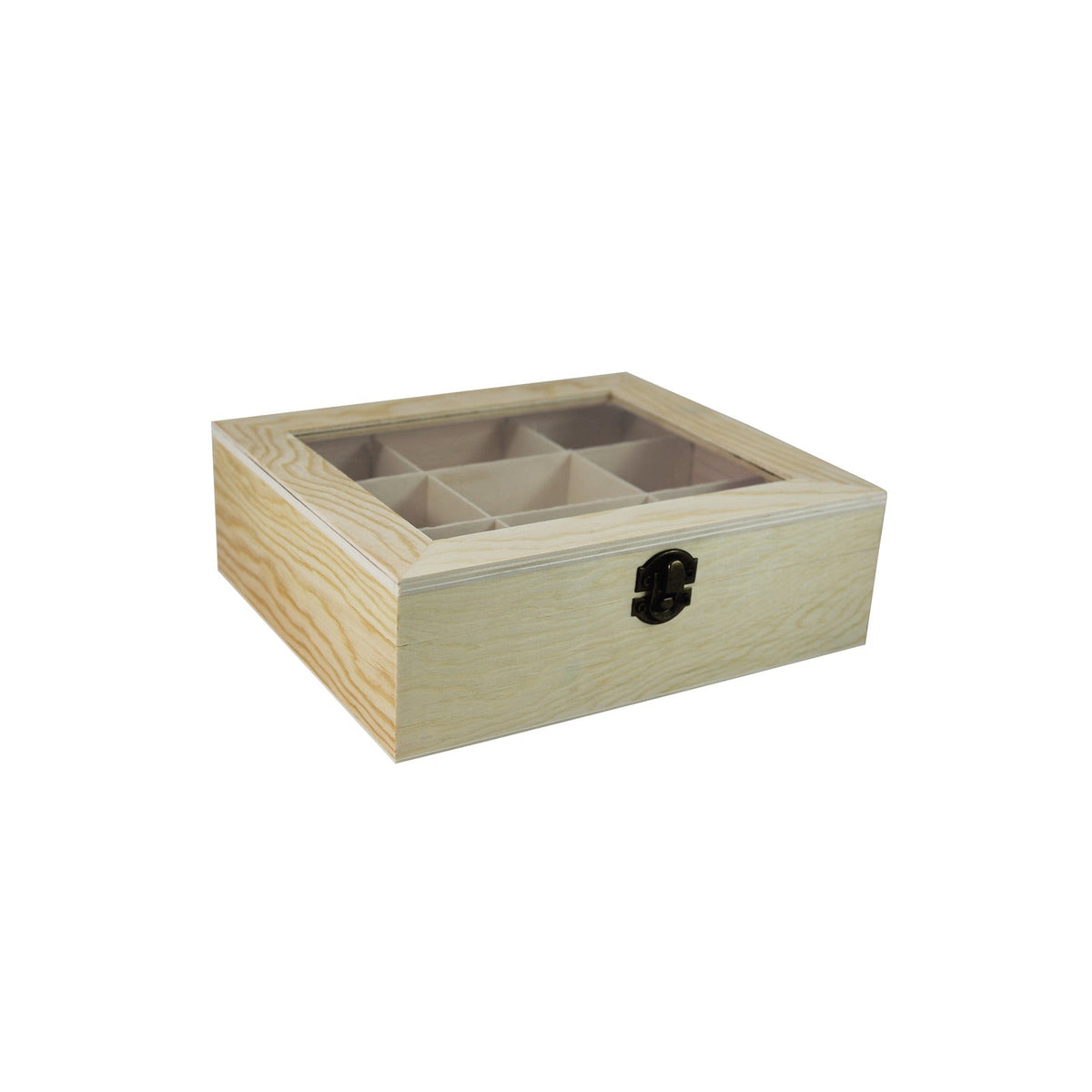 Pentart Wooden Teabag Box, 9 Compartments, Clear Lid, 22 x 19 x 7 cm