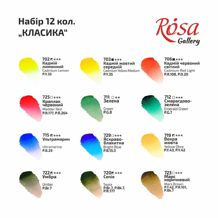 ROSA GALLERY Watercolor Set “Classic”, 12 Colors, Full Pans, Cardboard — image 7
