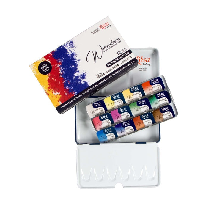 ROSA GALLERY Watercolor Set "Monopigmented", Metal Case, Indigo, 12 Colors, Full Pans — image 6