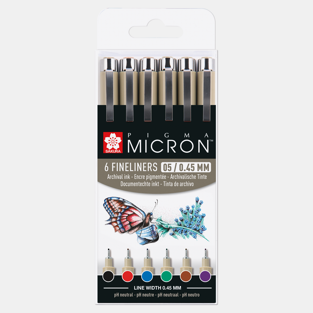 Sakura Pigma Micron 05 Fineliner, 0.45 mm, Set of 6 Colors