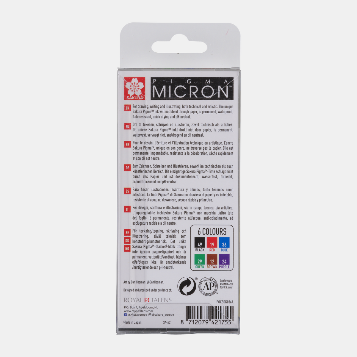 Sakura Pigma Micron 05 Fineliner, 0.45 mm, Set of 6 Colors